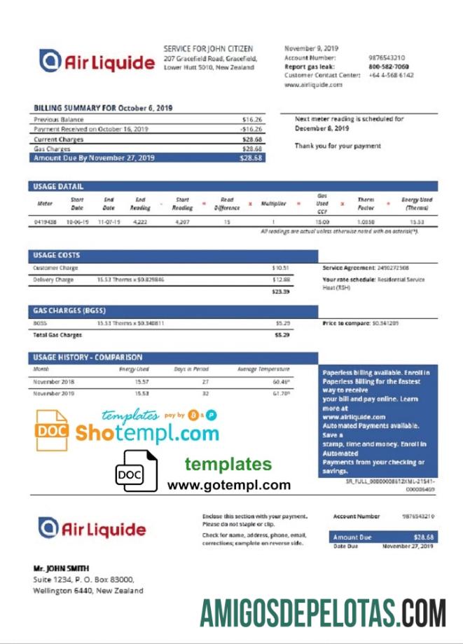 imprimível Modelo de fatura de serviços públicos de gás da Air Liquide da Nova Zelândia em formato Word e PDF